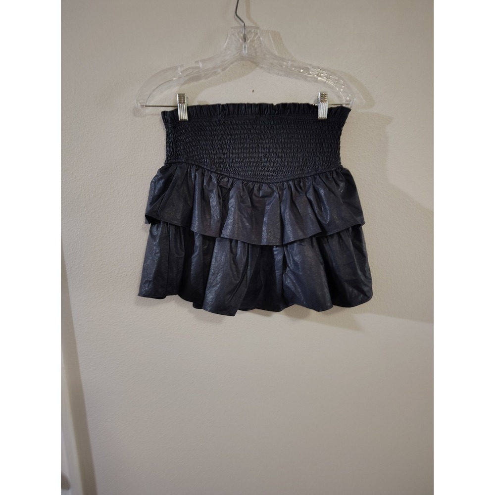 B.Original Black Faux Leather Smocked Tiered Ruffle Mini Skirt Womens Small